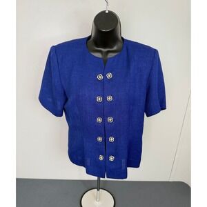 Vintage Leslie Fay Blazer Top Women 8P Royal Blue Short Sleeve Gold Flower